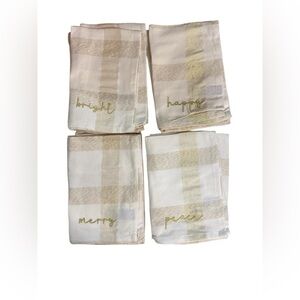 Rachel Zoe Set of 8 Holiday Plaid Napkins Gold Script Bright Happy Merry Peace